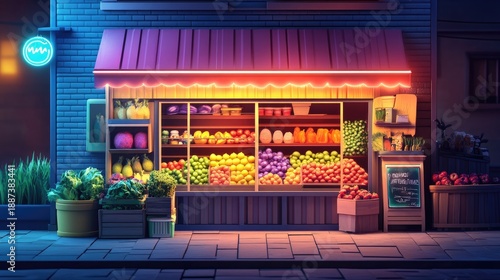 Night Market Action, Fresh Produce Variety, Urban Sidewalk, Photo Content, Outdoor City Street, Eye-Level View, Vibrant Food Retail Concept