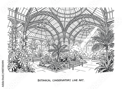Botanical conservatory line art with palms, plants, benches, greenhouse interior, architectural structure, and sunlight.
