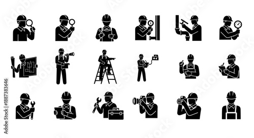 Engineering, Inspection, and Maintenance Services Glyph Icons. Collection of Technicians, Architects, Plumbers, and Electricians Silhouettes.