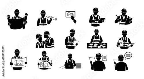 Construction Engineer and Architect Icon Set. Silhouette Vector Collection of Workers in Hard Hats Reviewing Blueprints, Documents, and Plans for Building Projects.