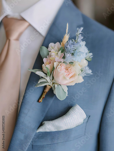 Elegant Wedding Boutonniere on Blue Suit Jacket with Pastel Flowers and Soft Tie
