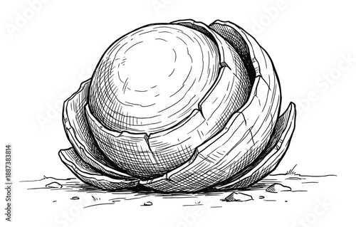 Broken eggshell vector illustration with detailed line art hatching, cracked egg shell drawing, egg shards