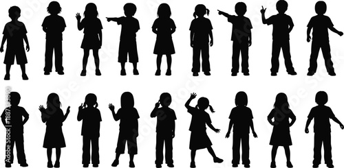 Set of nineteen children silhouettes in various poses including standing waving pointing and playing isolated on white background for vector design