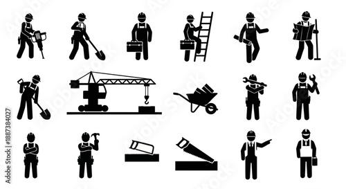 Construction Workers Pictogram Icons Set. Building Industry Laborers and Tradesmen Silhouette Vector Collection including Crane, Shovel, Hammer, and Jackhammer.