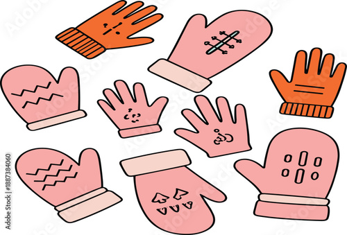 Cute winter gloves and mittens illustration set in hand drawn cartoon style, cozy cold weather vector collection