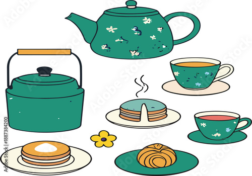 Cute Tea Time Illustration Set with Teapot, Kettle, Cups, Cakes and Cozy Breakfast Desserts Flat Vector Art