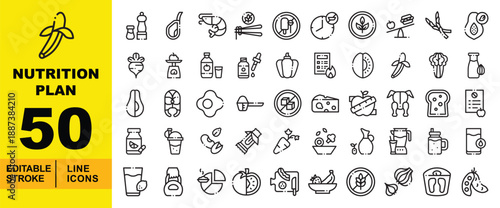 Nutrition Plan line icon set. Editable stroke icons for Diet Diversity, Food Science, and Healthy Snacking. Containing Peanuts, Food Pyramid, Ramen Bowl, No Sugar Sign, Cheese and Milk, BMI Calculator