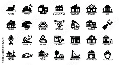 House Construction Process Icons Set. Residential Building Stages: Planning, Foundation, Framing, HVAC, Electrical, Plumbing, Drywall, Flooring, Landscaping, and Inspection.