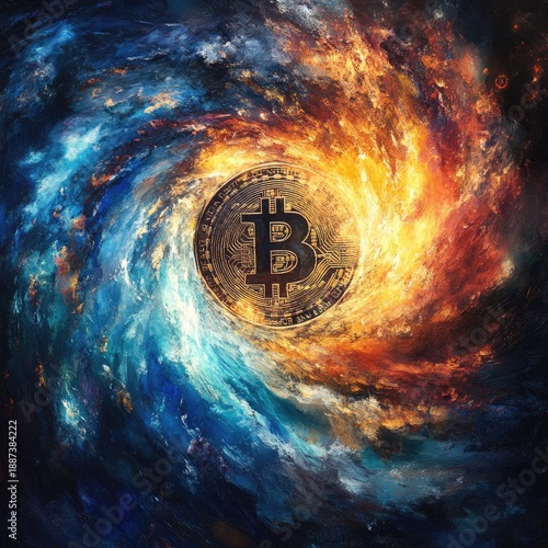 Swirling Action of Bitcoin Cryptocurrency Coin, Digital Finance, Abstract Environment, Cosmic Illustration, Wealth Concept from Top View, Blockchain Transformation