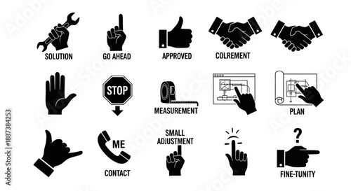 Business and Engineering Process Icons Set. Vector Pictograms for Solution, Plan, Agreement, Contact, Stop, and Go Ahead Instructions.