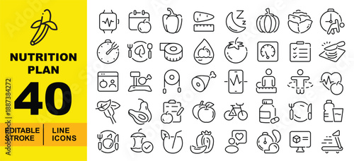 Nutrition Plan line icon set. Editable stroke icons for Fitness Progress and Nutrition Planning. Containing Smartwatch Heart Rate, Calendar with Apple, Bell Pepper, Sleep Cycle, Pumpkin, Cabbage
