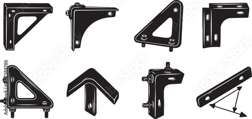 Set of black metal bracket corner connectors and fasteners