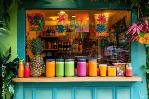 Fruit Juice Display, Fresh Beverages, Tropical Shop, Street Food, Colorful Environment, Outdoor Window, Healthy Lifestyle, Variety Concept