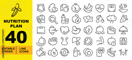 Nutrition Plan line icon set. Editable stroke icons for Healthy Eating, Weight Management, and Fitness Tracking. Containing Plate and Cutlery, Potato, Diet Checklist, Stopwatch, Banana, Heartbeat