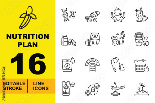 Nutrition Plan line icon set. Editable stroke icons for Bio-Health, Fitness Diet, and Culinary Nutrition. Containing DNA Structure, Sliced Cucumber, Apple in Hands, Smoothie with Strawberry, Milk 