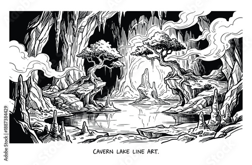 Cavern lake line art illustration, with stalactites, trees, rocks, and clouds, black and white cave drawing scenery landscape.