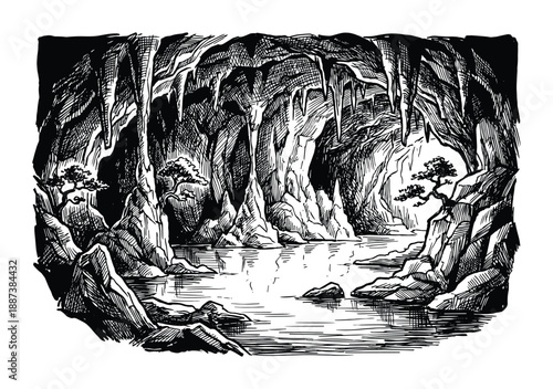Cave landscape with stalactites, rocks, and water with trees illustration, in black and white