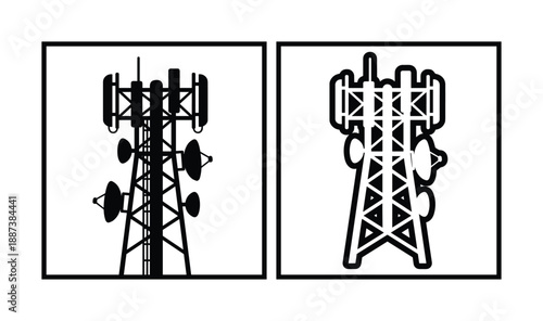 Cell towers black and white vector illustration, isolated communication and technology transmission, network connectivity concept.