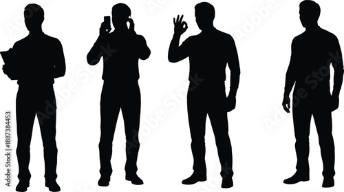 Silhouetted professional men in various poses including using tablet, talking on phone, gesturing okay sign, and standing confident business poses