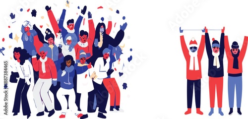 Diverse happy people celebrating together in winter clothes, cheerful crowd illustration representing unity, community, joy, and teamwork