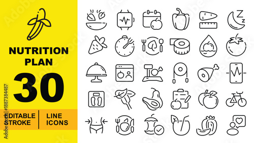 Nutrition Plan line icon set. Editable stroke icons for Diet Tracking, Healthy Lifestyle, and Fitness Goals. Containing Salad Bowl, Smartwatch Heart Rate, Fitness Calendar, Bell Pepper, and Carrot 