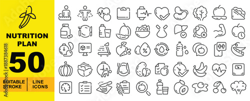 Nutrition Plan line icon set. Editable stroke icons for Healthy Diet, Fitness, and Weight Loss. Containing Calorie Tracking, Heart Health, Weighing Scale, Smartwatch, Kidney Beans, Salad, Meal Prep