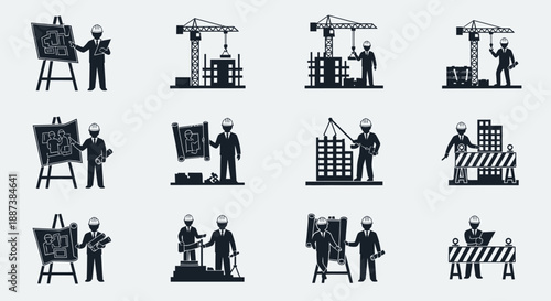 Construction and Engineering Management Icon Set. Silhouettes of Architects, Builders, Crane Operations, and Building Site Planning Vector Graphics
