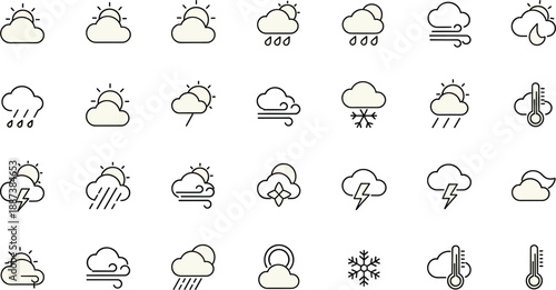 Conceptual vector flat icons showing climate change impacts including global warming melting glaciers drought cracked earth and renewable energy solutions.
