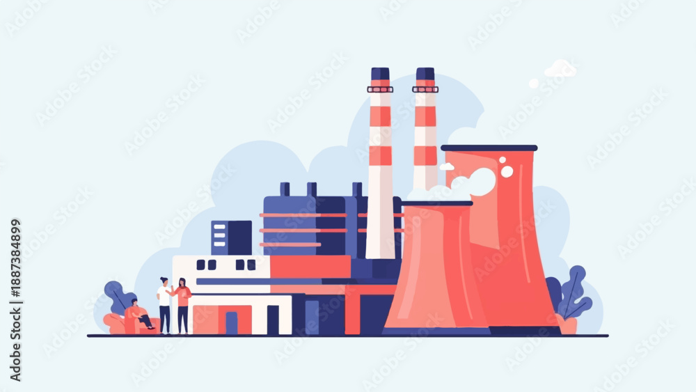Fototapeta premium Industrial power plant with cooling towers, smokestacks, and people