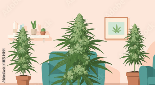 Indoor potted plants in a cozy living room with artwork