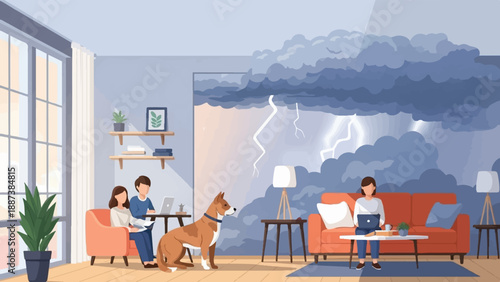 Indoor scene with a dog, people working remotely, storm outside