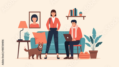 Indoor scene with a dog, two people, a sofa, plants, and books