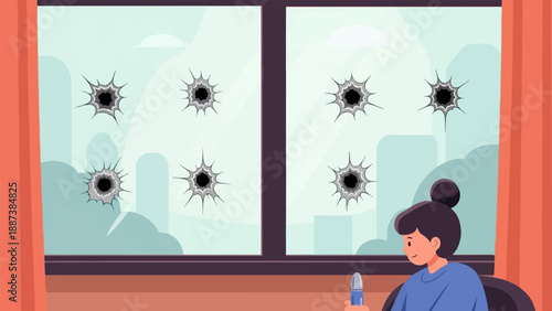 Indoor scene of a girl holding a bullet, looking at a window with bullet holes
