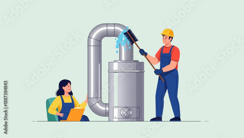 Industrial maintenance worker cleans pipe while manager reviews data