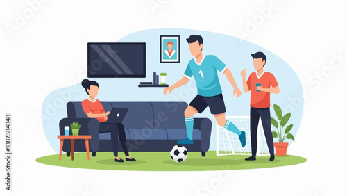 Indoor soccer players and person with laptop on couch
