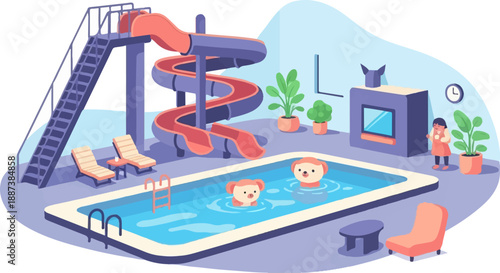 Indoor water park with slides, pool, lounge chairs, and playful dogs