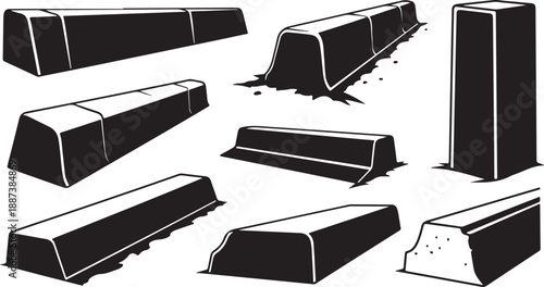Collection of various concrete barriers and blocks illustration set