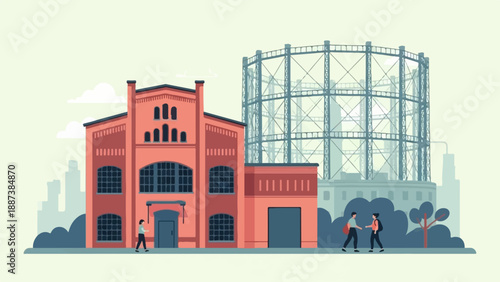 Industrial landscape featuring brick building and gasometer with two people shaking hands