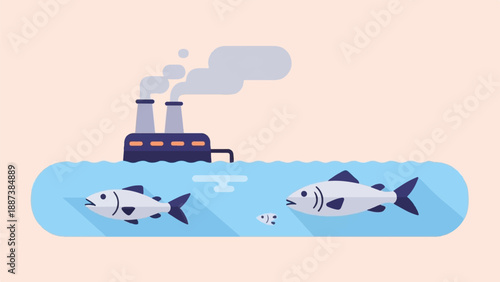 Industrial pollution affects aquatic life, showing a factory near fish