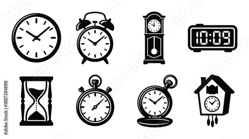 Clock collection: Wall clock, alarm clock, grandfather clock, digital clock, hourglass, stopwatch, pocket watch, cuckoo clock.