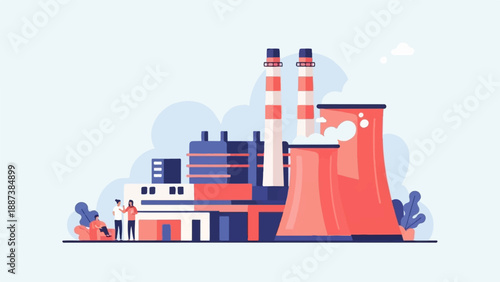 Industrial power plant with cooling towers, smokestacks, and people