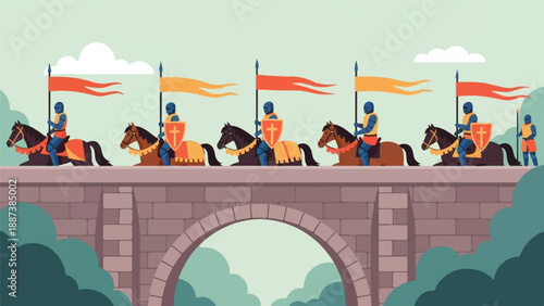 Knights on horseback with flags cross a stone bridge