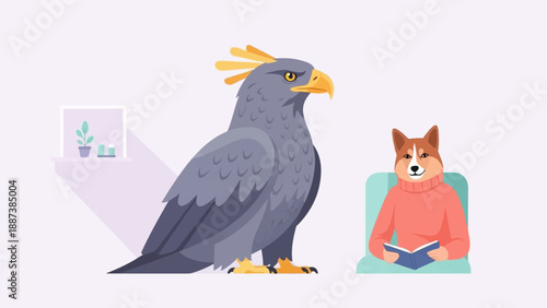 Large bird stands by a dog reading a book in a minimalist setting