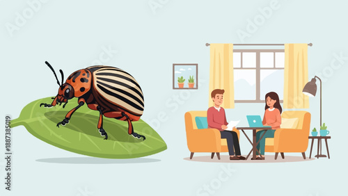 Large beetle on leaf contrasts with people working at home