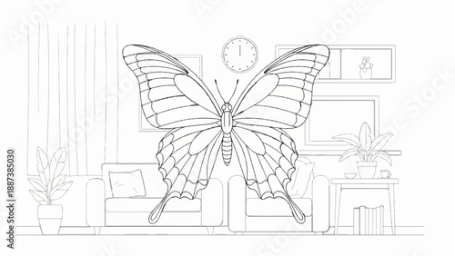 Large butterfly illustration dominates a sketch of a cozy living room with plants
