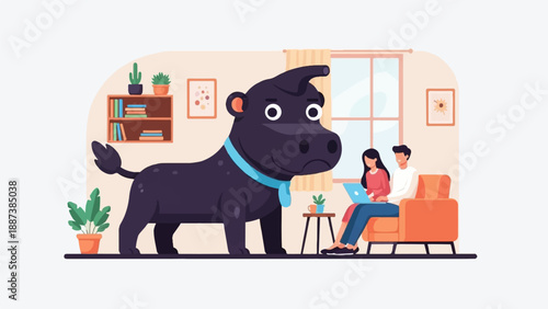 Large cartoon dog observes couple working on a laptop in a cozy living room
