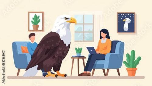 Large eagle in a room with two people and houseplants