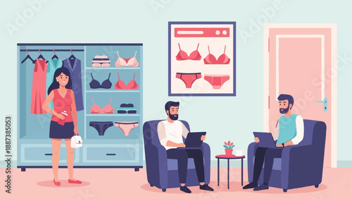 Interior scene with a woman selecting lingerie, and two men working on laptops
