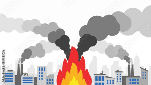 Large central fire billows smoke over a city skyline with factories