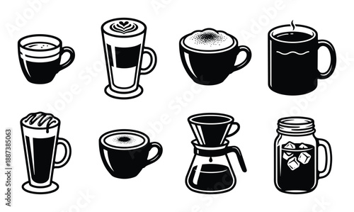 Coffee cup types vector illustration, black and white style beverage collection, various coffee drinks, eight styles.